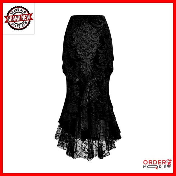 Gothic Lace Fishtail Skirt High Waisted Ruffle Hem Calf Length Bodycon